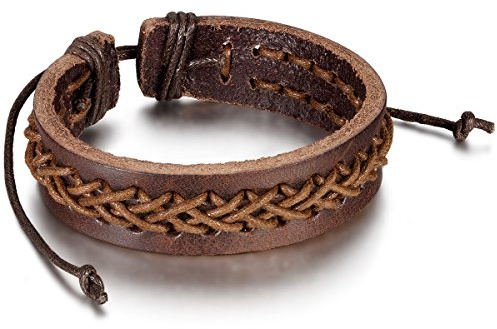 Flongo herr vintage flätad tribal evighetsskylt brun läderrem surfare manschett armband, passar 20–25 cm handled, 10 inch, Läder