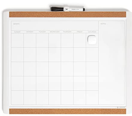U Brands tablero de calendario pizarra blanca magnética de borrado en seco, 51 x 41 cm, marco blanco, con imán para pizarra y rotulador