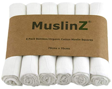 MuslinZ 6pk Luxe Bamboo/Organic Cotton Muslin Squares 70cm – Blanc
