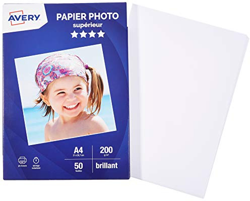 AVERY - 50 feuilles de papier photo 200g/m² brillant. Format A4. Impression jet d'encre.