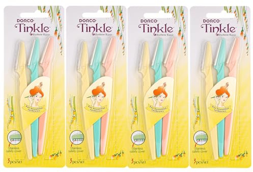 Tinkle Dermaplaning Tool 12ct, Dermaplane Razor for Women, Safe and Easy Peach Fuzz Remover, Eyebrow Trimmer with Protective Cover (4 Packs of 3)