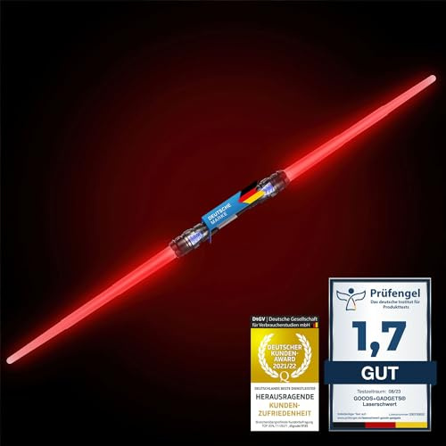 GOODS+GADGETS® Dubbelbladigt Lasersvärd 138 cm med Ljud och Ljus | Utdragbara blad, inbyggt ljudchip, röd eller blå belysning – perfekt för cosplay och barnlek