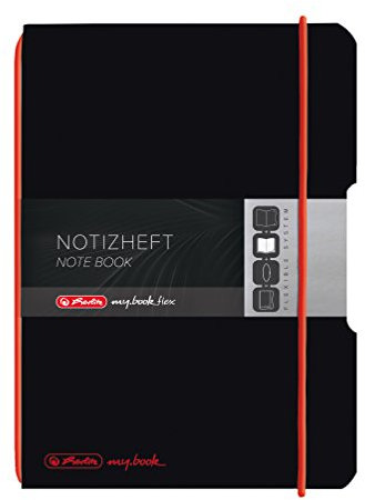 herlitz Notizheft my.book flex, A6, schwarzes Wechselcover, kariert, mit rotem Verschlussgummi, 40 Blatt