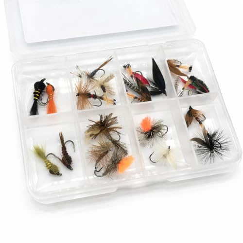 Assortimento di mosche per pesca a mosca senza ardiglione, per trote e cavedano, secche, bagnate e ninfe, misura 10-12, con scatola per mosche (20 pezzi)
