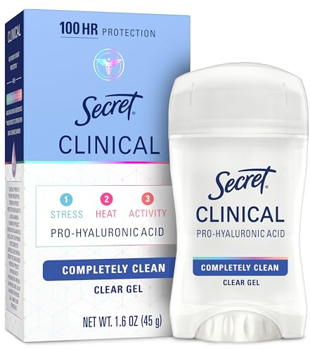 Secret Clinical Strength 100HR Sweat & Odor, Clear Gel Antiperspirant Deodorant for Women, 3X Stress Protection with Hyaluronic Acid, PH Balancing Minerals, Completely Clean Scent, 1.6 oz