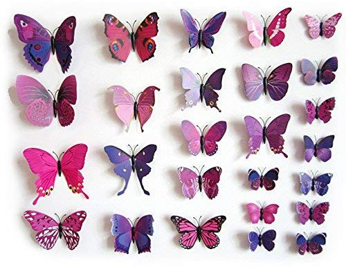 TRIXES 3D Butterflies Purple Pink - 3D - Pack of 12 - Stick On Wall Magnetic Decoration Butterfly Wall Stickers - Colourful Home Bedroom Lounge Accessory