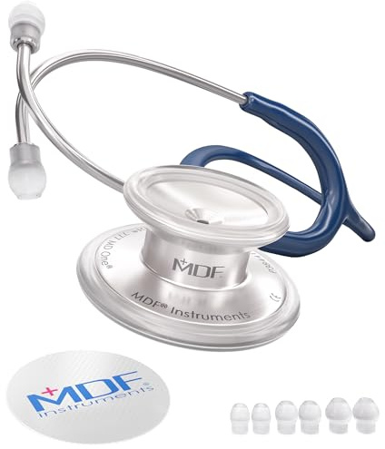 MDF Instruments, MD One Stainless Steel Premium Dual Head Stethoscope, Adult, Navy Blue Tube, Silver Chestpieces-Headset, MDF77704