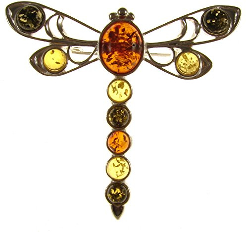 Baltic amber and sterling silver 925 multi-coloured dragonfly brooch pin