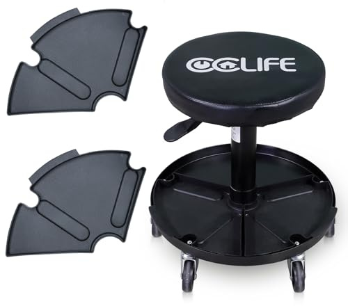 CCLIFE Justerbar verkstadspall med hjul i höjd 380–500 mm 150 kg, med 2 svarta plastdelar, avtagbara