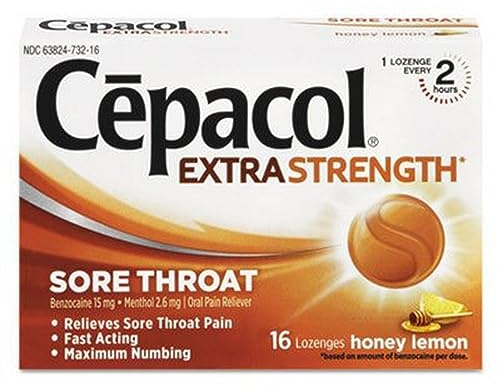 Cepacol Extra Strength Sore Throat Relief Lozenges, Honey Lemon Cough Drops, Maximum Numbing- Fast Acting Sore Throat, Mouth & Canker Sore Pain Relief with Benzocaine & Menthol, 16 Count