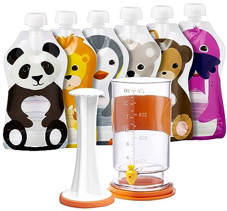 The Filling Station: Squooshi Food Pouch Filler + 6 Large 5 oz Reusable Pouches for Baby Food Puree Storage and Snack Food Pouches