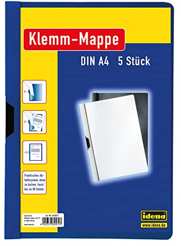 Idena 300572 - Klemmmappe für DIN A4, blau, 5 Stück, Fassungsvermögen bis zu 30 Seiten