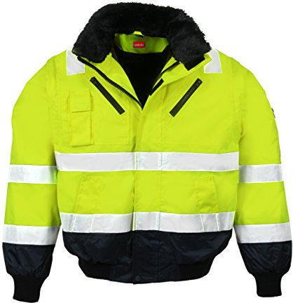 LeiKaTex Warnschutz-Pilotenjacke Winter gefüttert 4 in 1 Funktion mit Kapuze, Winddicht & Wasserabweisend für Herren und Damen (XL, Neongelb/Marine)