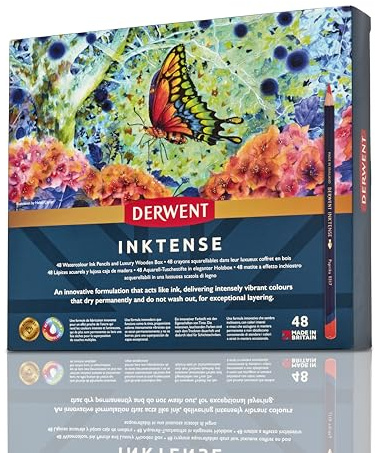 Derwent Inktense Pinturas de Colores Solubles en Agua, Estuche de Madera con 48 Colores, Núcleo de 4mm, Soluble en Agua, Ideal para Colorear, Pintar y Dibujar, Calidad Profesional (2300151)
