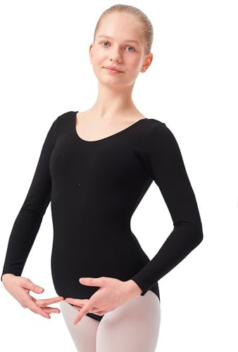 tanzmuster ® Ballettanzug Mädchen Langarm - Lilly - aus Baumwolle, Ballettbody Kinder Ballett Trikot in schwarz, Größe 116/122