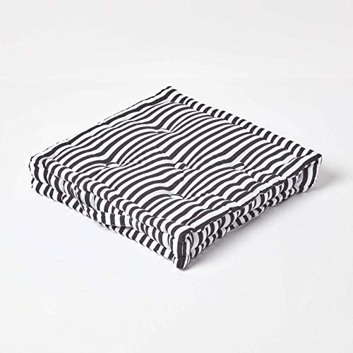 Homescapes - Pin Stripe Nero - 100% cotone - Cuscino da terra - Bianco e Nero - 40 x 40 x 10 cm quadrati - Interno - Giardino - Sala Booster Chair - seduta pad cuscino.