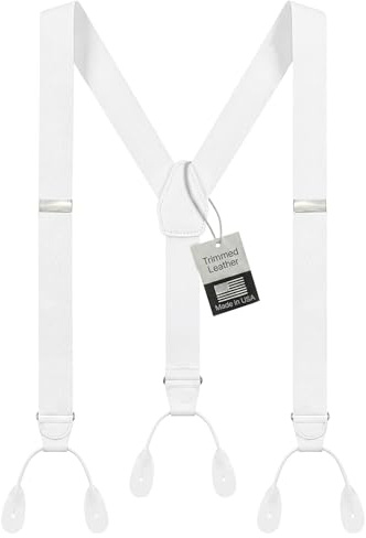 HOLD'EM Tuxedo Button Suspenders for Men – Black Mens Dress Suspenders | 100% Genuine Leather | Formal Daily Use | Made in USA | Regular 32–46 Tall 40–54 | White (Tall 54 Long)
