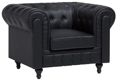 Beliani Sillón Chesterfield tapizado en Piel Color Negro Patas de Madera Oscura contemporáneo Chesterfield