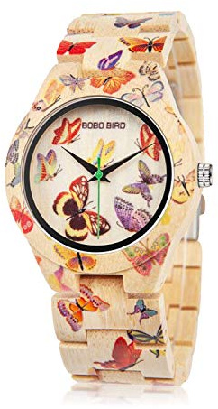 BOBO BIRD Women's Bamboo Watch Butterfly Engraved Handmade Wooden Casual Watches