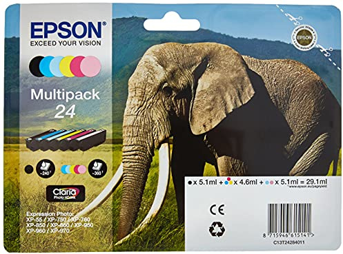 Epson Original 24 Tinte Elefant (XP-750, XP-850, XP-950, XP-55, XP-760, XP-860, XP-960, XP-970), Multipack 6-farbig