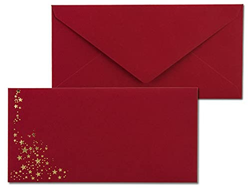 25x Briefumschläge mit Metallic Sternen - DIN Lang - Gold geprägter Sternenregen - Farbe: dunkelrot, Nassklebung, 120 g/m² - 110 x 220 mm - ideal für Weihnachten