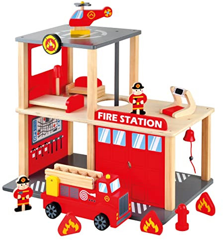 Bino & Mertens 84083 - Feuerwehr-Station, mehrstöckig, rot, 13 tlg., mit allerlei Gerätschaften aus dem Alltag der Nothelfer regt die Fantasie und Vorstellungskraft. Größe ca. 45x30,7x38,2 cm.