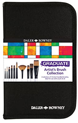 Daler-Rowney Graduate Multi-Technique Brush Set in a Zip Case, Synthetic Hair, Short Handle, 10 Assorted Brushes, For Acrylic & Oil Painting, For Student Artists & Hobbyists