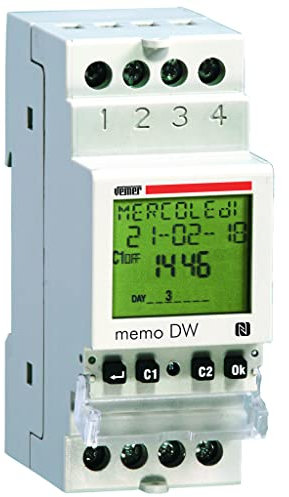 VEMER VE339800 MEMO DW - Interruttore Orario Digitale, Timer con Programmazione Giornaliera o Settimanale, Interfaccia NFC, Installazione su Guida DIN, 1 Canale, Bianco