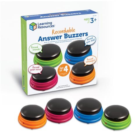 Learning Resources Buzzer mit Aufnahmefunktion (4 Stück) Antwort Buzzer mit Sound, reaktionstraining, Buzzer mit aufnahmefunktion, Buzzer für Spieleabende im Klassenzimmer und in der Familie, 3+