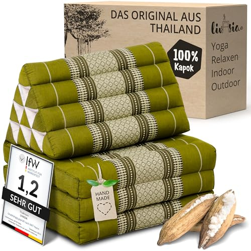 livasia cuscino a cuneo kapok - 175x50x8cm - materasso pieghevole a 3 segmenti, cuscino per la schiena pieghevole, tappetino thai, fatto a mano (Verde)