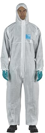 Ansell AlphaTec 1500 Model 111, Einweg-Schutzanzug mit Kapuze, Chemikalienschutz Type 5/6, Wasserdichter Arbeits-Overall, Einmal-Schutzkleidung Herren Damen, Weiß, Größe M (1 Stück)