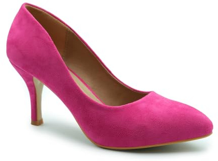 Womens Ladies Low MID HIGH Kitten Heel Pumps Pointed Toe Work Court Shoes Size (UK 5 / EU 38 / US 7, Fuchsia Pink Suede)