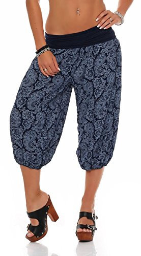 Malito – Damen Haremshose mit Orient Print – Pumphose aus Baumwolle – Kurze Stoffhose – Pluderhose zum Tanzen, Chillen & Yoga – knielange Capri Hose 8581 (Dunkelblau)
