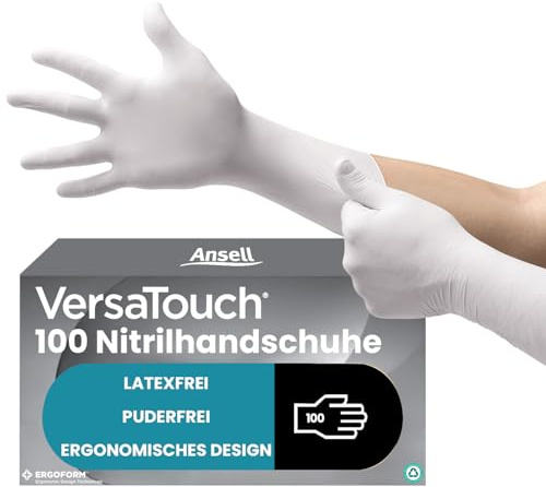 Ansell VersaTouch 92-205 Disposable Nitrile Gloves with Textured Fingertips, Powder-Free, Food Certified, Multipurpose Professional Gloves, Industrial Safety, White, Size XL (100 Pieces)