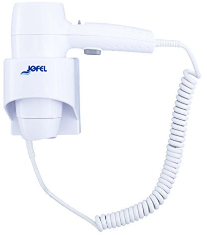 Jofel - Secador de Pelo 1200 W, 2 Velocidades, Calor hasta 65ºC a 10cm, Interruptor de Seguridad, Soporte a Pared, Cable Extensible Resistente, Color Blanco, Facil Limpieza - AB68500