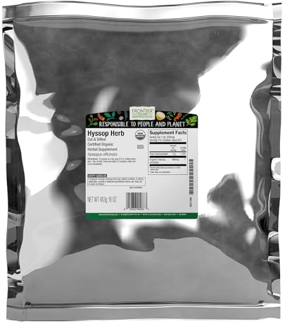 Frontier Co-op Organic Hyssop Herb, Cut & Sifted, Natural Dried Leaves - Bulk Bag for Hyssop Tea, Soup, Salads and More, Kosher | 16 Ounce (Pack of 1)