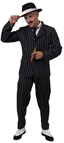 Ilovefancydress Adult Gangster Fancy Dress Costume - Black & White Pinstripe Suit With Black Trilby Hat With White Satin Band & Spiv Moustache (Extra Extra Large)