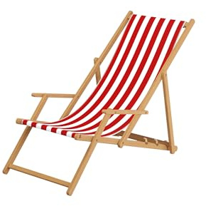 Erst-Holz Liegestuhl rot-weiß Strandliege Gartenliege Sonnenliege Deckchair Buche Natur Kissen 10-314NKH