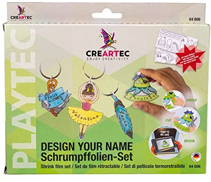 CREARTEC - Schrumpffolien-Set Design your Name - Bastelset zum Herstellen von individuellen Namensschildern und Anhängern - Made in Germany