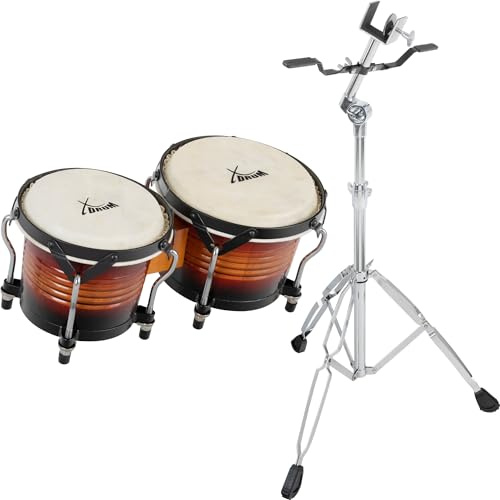 XDrum Bongos Pro Vintage Sunburst - 2 tambours de 6,5 (17 cm) et 7,5 (20 cm) de diamètre - Bongos avec peaux naturelles accordables, clé d’accord et support - Tambours en bois brun rougeâtre