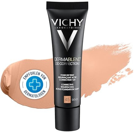 Vichy, Dermablend, Fond de Teint Resurfaçant 3D, Actif Correcteur, Longue Tenue 16H, Haute Couvrance, SPF 25, Adapté aux Peaux Sensibles, Teinte : Gold 45, 30 ml