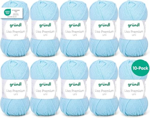 Gründl Lisa Premium Uni stick- och virkgarn (mjuk och ulliknande karaktär, lättvårdat stickgarn tillverkat av 100% polyakryl, 50 g/133 m, nåltjocklek: 3,5 – 4,5, 10 nystan á 50 g), ljusblå