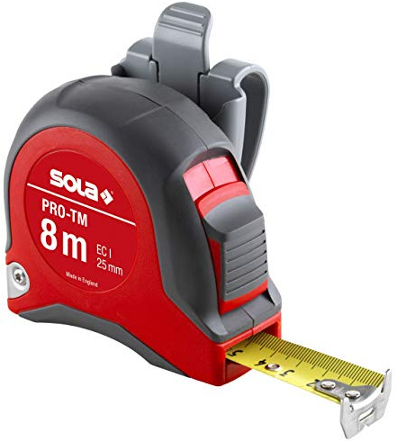 SOLA PRO-TM - Bandmaß 8m / 25mm - robustes Profi-Rollbandmaß mit Gürtelclip - Stahlband, gelb lackiert mit mm Skala - Genauigkeitsklasse I - Rollmeter mit beweglichem Endhaken - Länge 8m/25mm