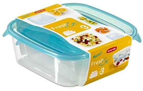 Curver Lot 4 Boîtes Fresh'n Go Carrées (0.25+0.8+1.7L+2.9L) - Boîte de Conservation Alimentaire Transparente- Adaptée au Micro-Ondes, Lave- Vaisselle, Congélateur - 23x23x8,3 cm - Bleu