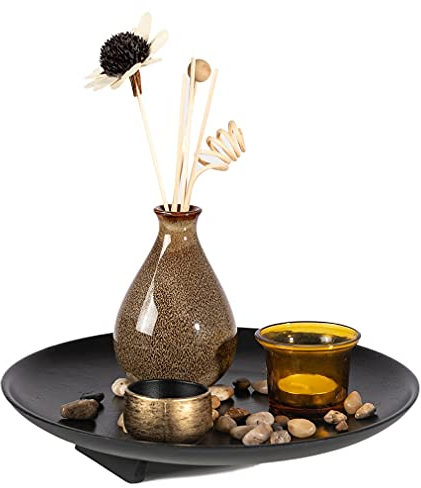 Lachineuse - Plateau Bougie Déco Zen - Décoration d'Intérieur avec Petit Vase & Fleurs Séchées - Diamètre 25 cm - pour Bureau, Table Basse - Objet Décoration Asiatique - Idée Cadeau - Rond