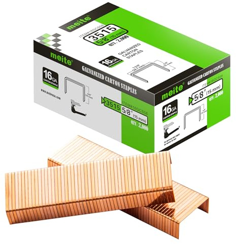 meite Grapas para Cierre de Cajas de Cartón, Calibre 16, Corona Ancha de 34,7 mm, Pata de 15 mm, Recubiertas de Cobre, para Grapadora Neumática o Manual, Embalaje de Cartón, 2.000