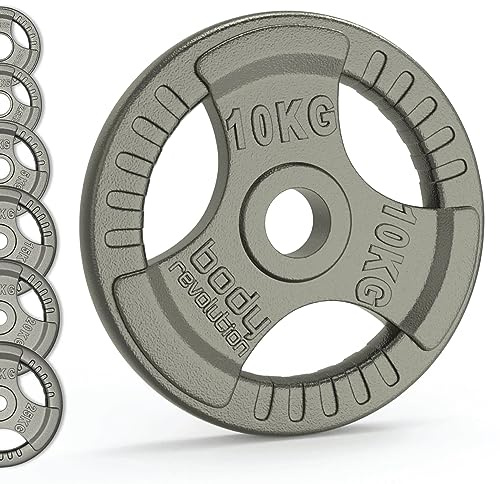 Body Revolution Olympic Weight Plates for 2 Barbells, Cast Iron Tri-Grip Design for Powerlifting, Body Building & Home Gym Strength Training