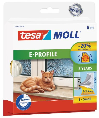 tesamoll E-Profil Gummidichtung - Selbstklebende Dichtung zum Isolieren von Spalten an Fenstern und Türen - Weiß - 6 m x 9 mm x 4 mm