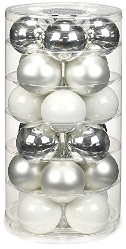 24 Christbaumkugeln Glas 6cm // Weihnachtskugeln Weihnachtsschmuck Weihnachtsdeko Baumkugeln Baumschmuck Christbaumschmuck Kugeln Glaskugeln Dose, Farbe: Silber Glanz/weiß matt/porzelanweiß