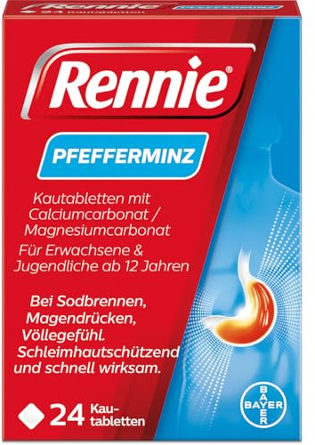 Rennie Pfefferminz | Sodbrennen, Völlegefühl und saures Aufstoßen | wirkt in Minuten | schützt die Schleimhaut | 24 Kautabletten